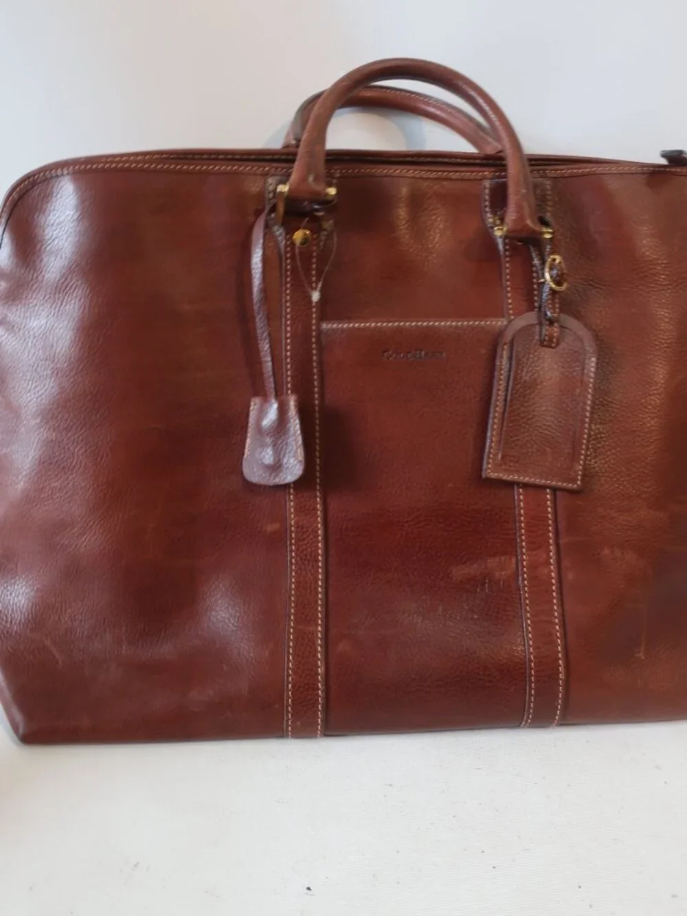 Mens Cole Haan Brown Pebbled Leather Vintage Weekender Duffel Travel Bag